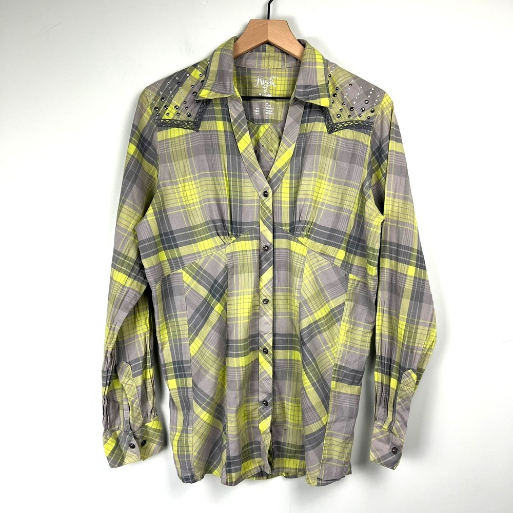 Rock 47 Womens Western Plaid Snap Shirt L Studded Cowgirl Rodeo Country Y2k Boho